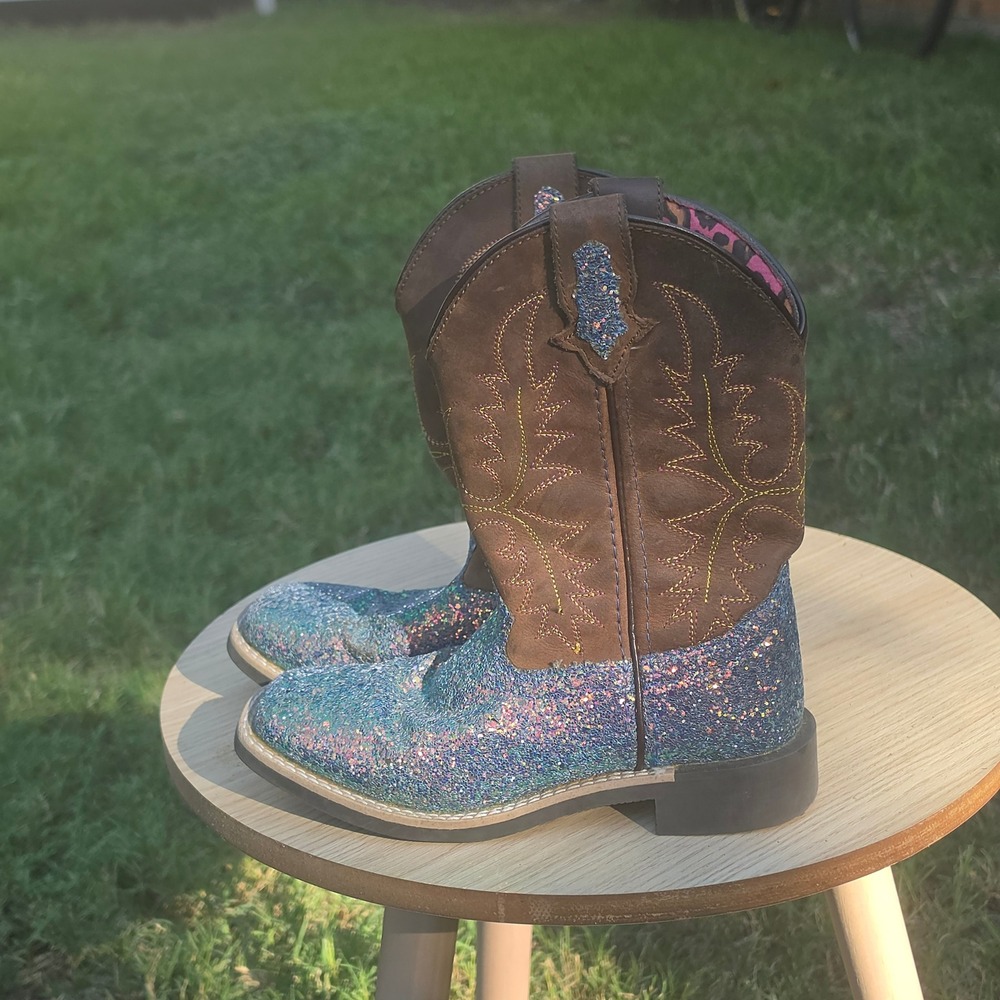 Girls Blue Glitter Brown Western Cowgirl Boots Square Toe Pink Leopard Lining - Picture 5 of 10